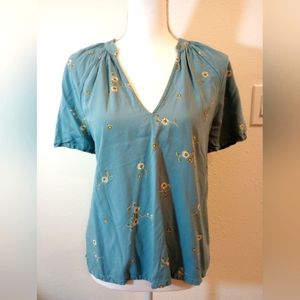 Susina Blue Floral V-Neck Top, Sz M